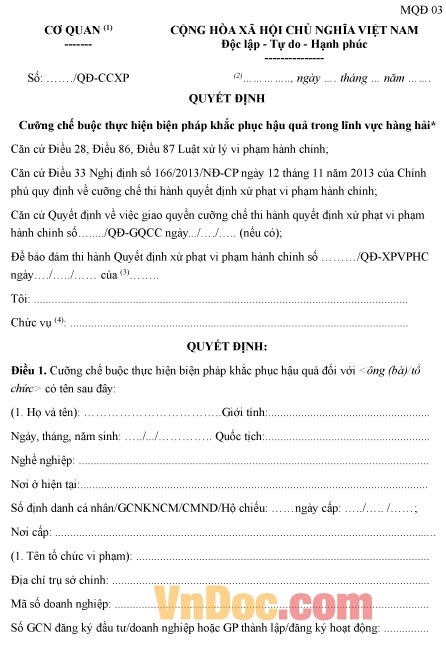 Mẫu quyết định cưỡng chế buộc thực hiện biện pháp khắc phục hậu quả trong lĩnh vực hành hải