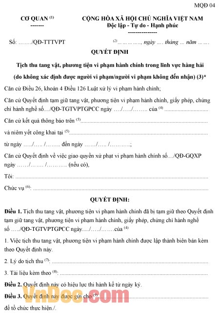 Mẫu quyết định tịch thu tang vật, phương tiện vi phạm hành chính trong lĩnh vực hàng hải