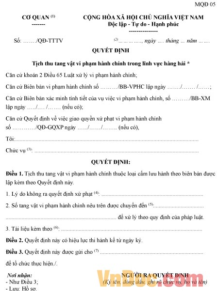 Quyết định tịch thu tang vật vi phạm hành chính trong lĩnh vực hàng hải