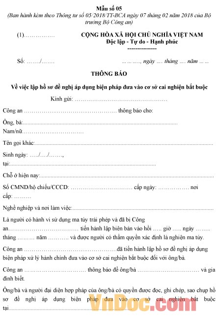 Mẫu thông báo lập hồ sơ đề nghị áp dụng biện pháp đưa vào cơ sở cai nghiện bắt buộc