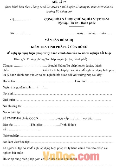 Mẫu văn bản kiểm tra tính pháp lý của hồ sơ đề nghị áp dụng biện pháp đưa vào cơ sở cai nghiện bắt buộc