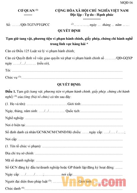 Mẫu quyết định tạm giữ tang vật phương tiện vi phạm hành chính trong lĩnh vực hàng hải