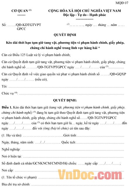 Mẫu quyết định kéo dài thời hạn tạm giữ tang vật phương tiện vi phạm hành chính trong lĩnh vực hàng hải