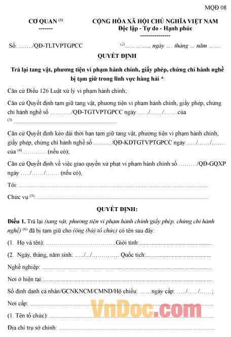 Mẫu quyết định trả lại tang vật phương tiện vi phạm hành chính trong lĩnh vực hàng hải