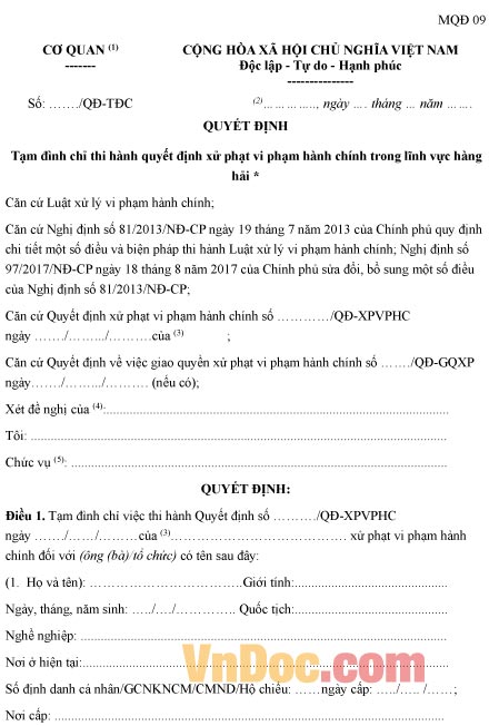 Mẫu quyết định tạm đình chỉ thi hành quyết định xử phạt vi phạm hành chính trong lĩnh vực hàng hải