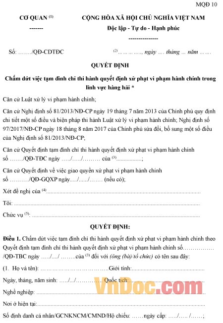 Mẫu quyết định chấm dứt tạm đình chỉ thi hành quyết định xử phạt vi phạm hành chính trong lĩnh vực hàng hải