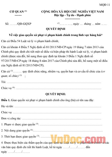 Mẫu quyết định giao quyền xử phạt vi phạm hành chính trong lĩnh vực hàng hải