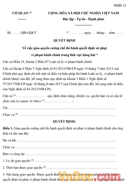 Mẫu quyết định giao quyền cưỡng chế thi hành quyết định xử phạt vi phạm hành chính trong lĩnh vực hàng hải