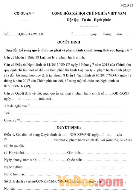 Mẫu quyết định sửa đổi, bổ sung quyết định xử phạt vi phạm hành chính trong lĩnh vực hàng hải
