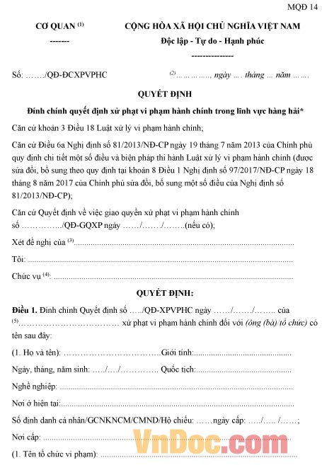 Mẫu quyết định đính chính quyết định xử phạt vi phạm hành chính trong lĩnh vực hàng hải