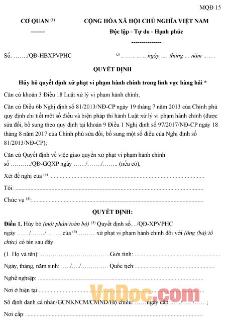 Mẫu quyết định hủy bỏ quyết định xử phạt vi phạm hành chính trong lĩnh vực hàng hải