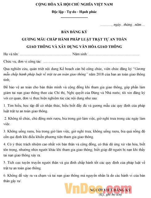 Mẫu bản đăng ký gương mẫu chấp hành luật an toàn giao thông năm 2018