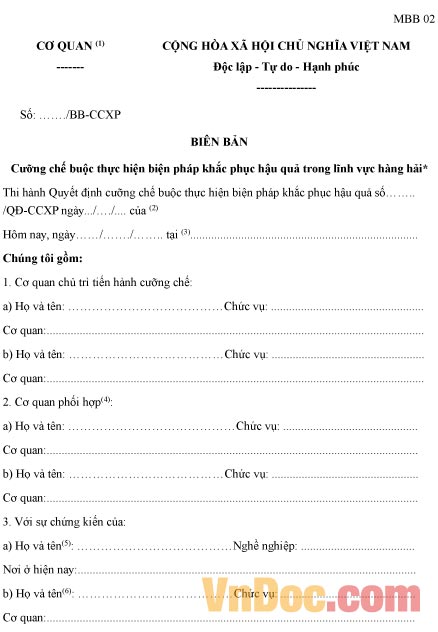 Mẫu biên bản cưỡng chế buộc thực hiện biện pháp khắc phục hậu quả trong lĩnh vực hàng hải