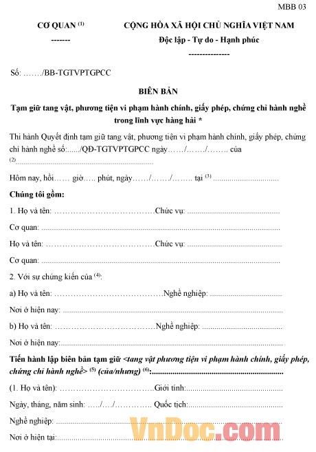 Mẫu biên bản tạm giữ tang vật, phương tiện vi phạm hành chính trong lĩnh vực hàng hải