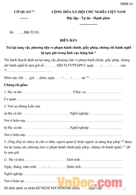 Mẫu biên bản trả lại tang vật, phương tiện vi phạm hành chính trong lĩnh vực hàng hải