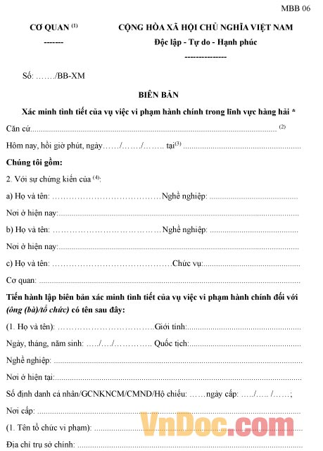 Mẫu biên bản xác minh tình tiết vụ việc vi phạm hành chính trong lĩnh vực hàng hải