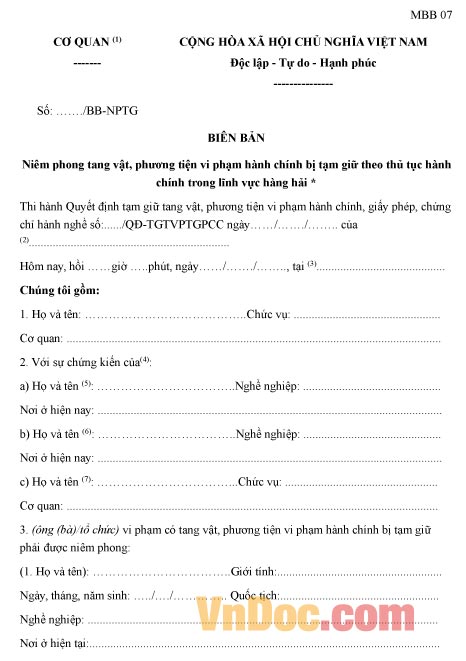 Mẫu biên bản niêm phong tang vật, phương tiện vi phạm hành chính trong lĩnh vực hàng hải