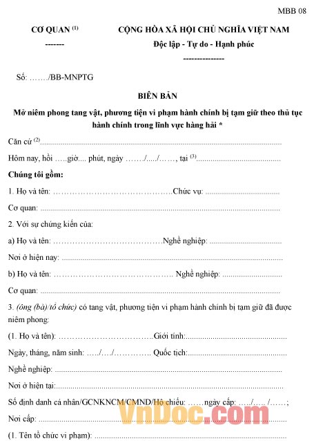 Mẫu biên bản mở niêm phong tang vật, phương tiện vi phạm hành chính trong lĩnh vực hàng hải