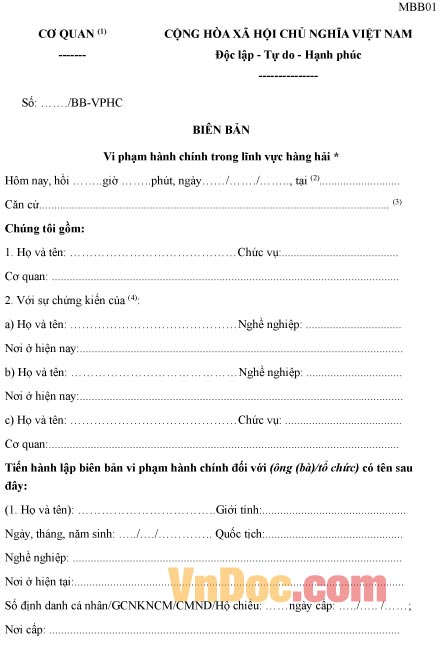 Mẫu biên bản vi phạm hành chính trong lĩnh vực hàng hải