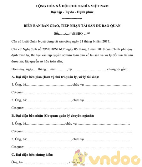 Biên bản bàn giao, tiếp nhận tài sản để bảo quản