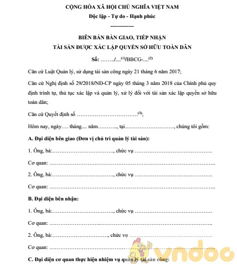 Biên bản bàn giao, tiếp nhận tài sản được xác lập quyền sở hữu toàn dân