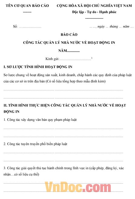 Mẫu bản báo cáo công tác quản lý nhà nước về hoạt động in