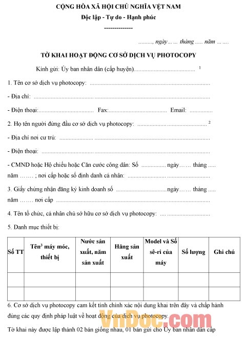 Mẫu tờ khai về việc hoạt động của cơ sở dịch vụ photocopy