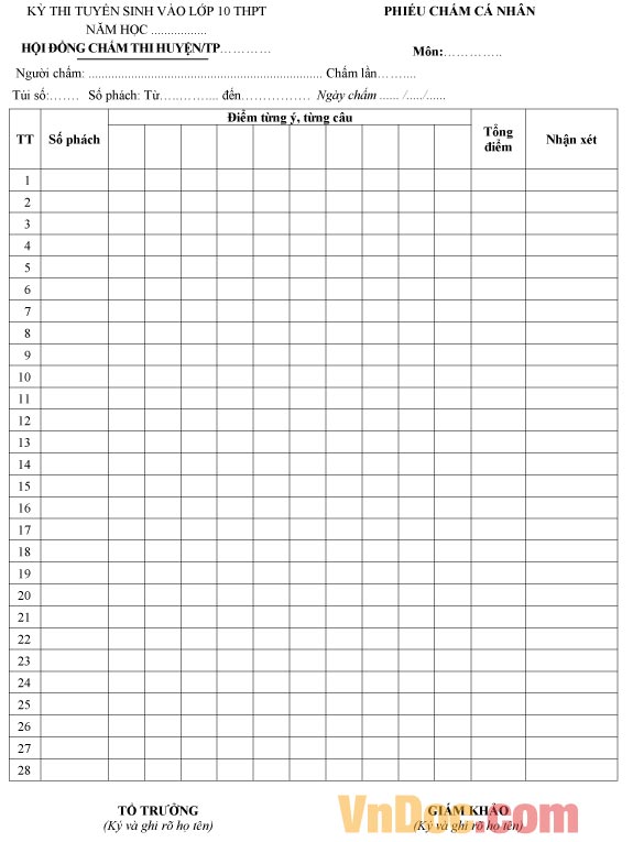 Mẫu phiếu chấm tuyển sinh vào lớp 10 THPT