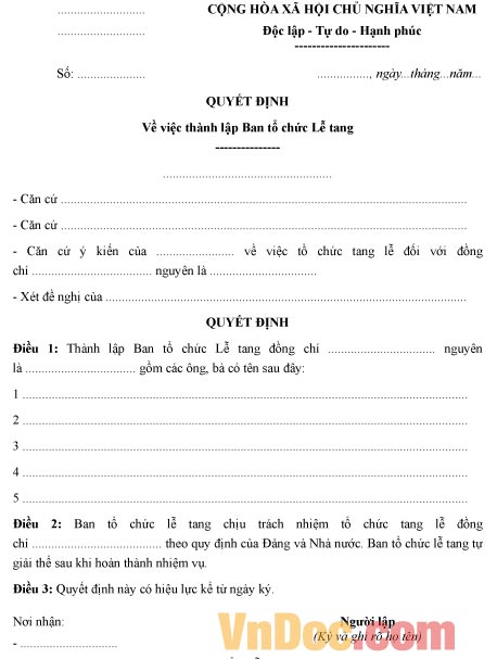 Mẫu quyết định thành lập ban tổ chức lễ tang