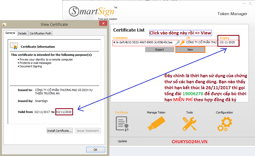 Hướng dẫn xem thời hạn chư ký số vina-ca