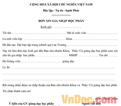 Mẫu đơn xin gia nhập nhóm học phần