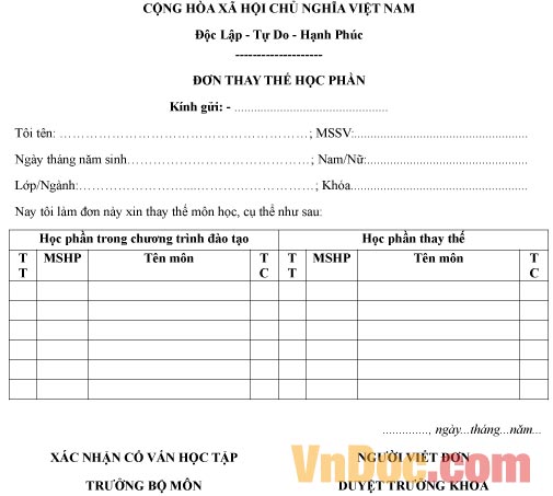 Mẫu đơn xin được thay thế học phần