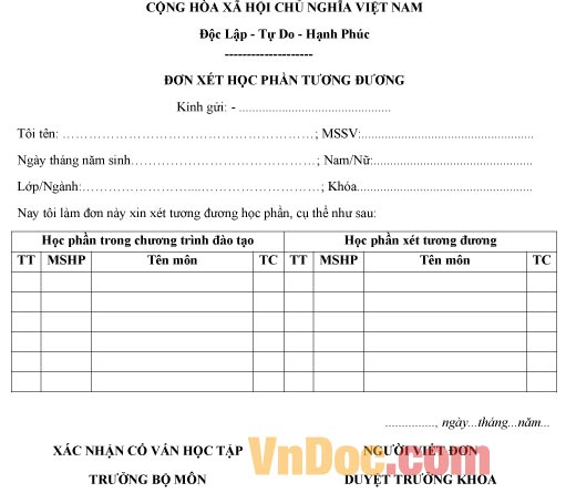 Mẫu đơn xin được xét học phần tương đương