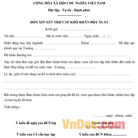 Mẫu đơn xin trợ cấp khó khăn đột xuất cho sinh viên