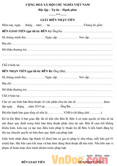 Mẫu giấy biên nhận tiền mặt