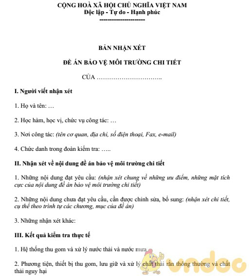 Bản nhận xét đề án bảo vệ môi trường chi tiết