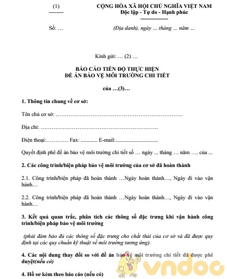 Báo cáo tiến độ thực hiện đề án bảo vệ môi trường