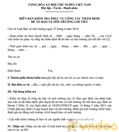 Biên bản kiểm tra phục vụ thẩm định đề án bảo vệ môi trường