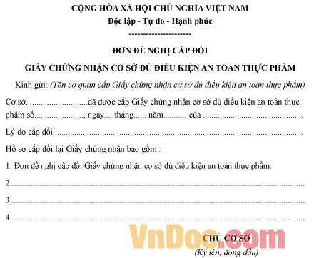 Mẫu đơn đề nghị cấp đổi giấy chứng nhận đủ điều kiện an toàn thực phẩm