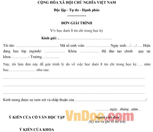 Mẫu đơn giải trình về việc học dưới 8 tín chỉ trong học kỳ