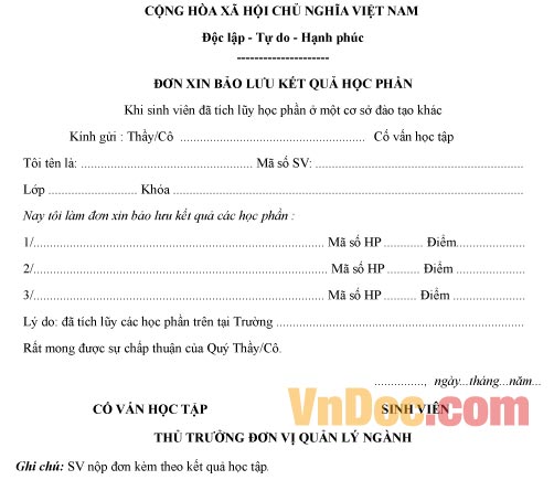 Mẫu đơn xin bảo lưu kết quả học tập