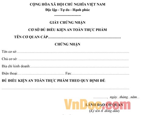 Mẫu giấy chứng nhận đủ điều kiện an toàn thực phẩm