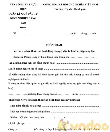 Mẫu thông báo gia hạn thời gian hoạt động của quỹ đầu tư khởi nghiệp sáng tạo