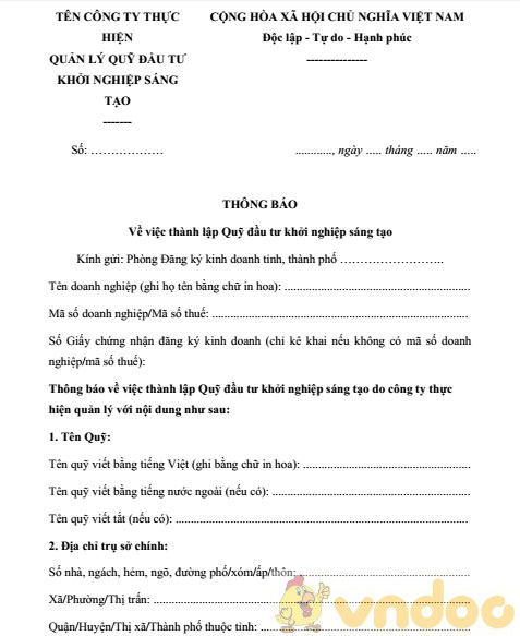 Mẫu thông báo về việc thành lập Quỹ đầu tư khởi nghiệp sáng tạo