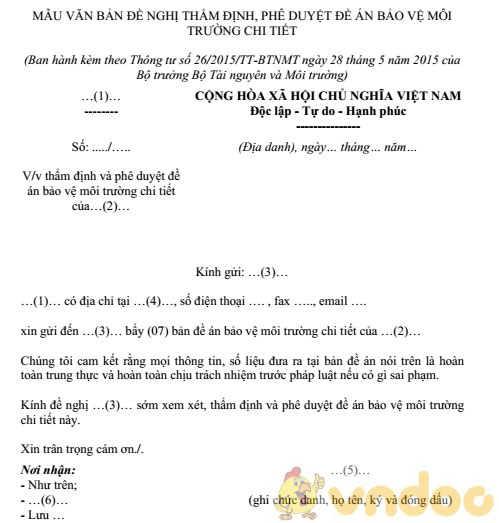Mẫu văn bản đề nghị thẩm định, phê duyệt đề án bảo vệ môi trường