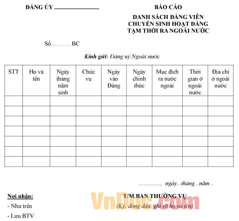 Mẫu báo cáo danh sách đảng viên chuyển sinh hoạt đảng tạm thời ra ngoài nước