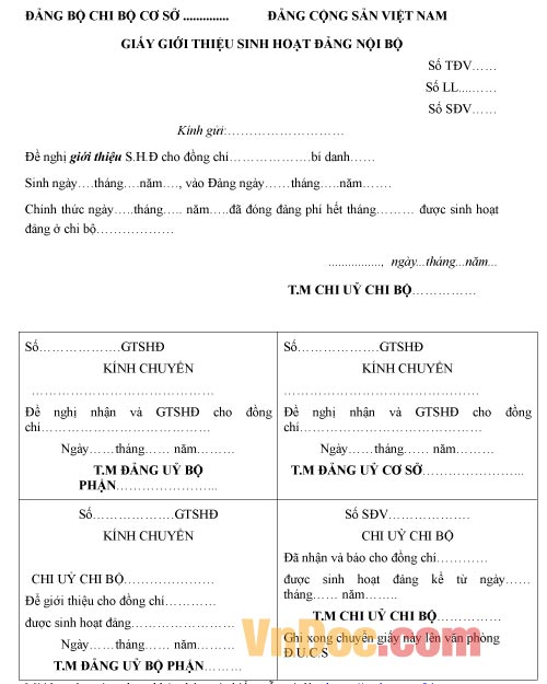 Mẫu giấy giới thiệu sinh hoạt đảng nội bộ