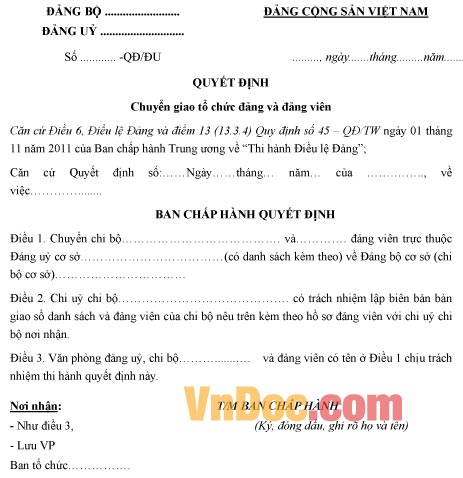 Mẫu quyết định chuyển giao tổ chức đảng và đảng viên