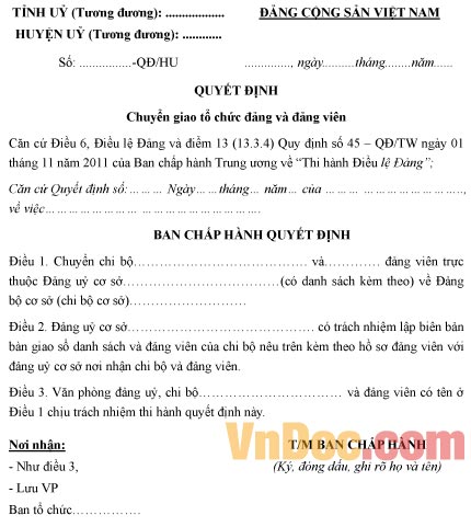 Mẫu quyết định chuyển giao tổ chức đảng và đảng viên