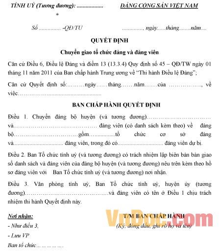 Mẫu quyết định chuyển giao tổ chức đảng và đảng viên